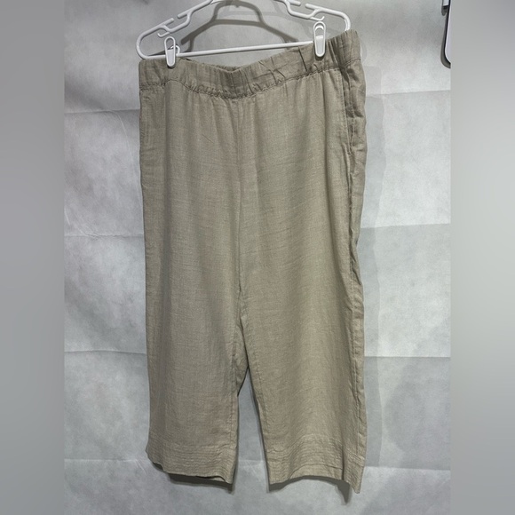 J. Jill Pants - J Jill Love Linen Tan Petite L Boho Beachy Wide Leg Crop Pants Elastic Waist EUC